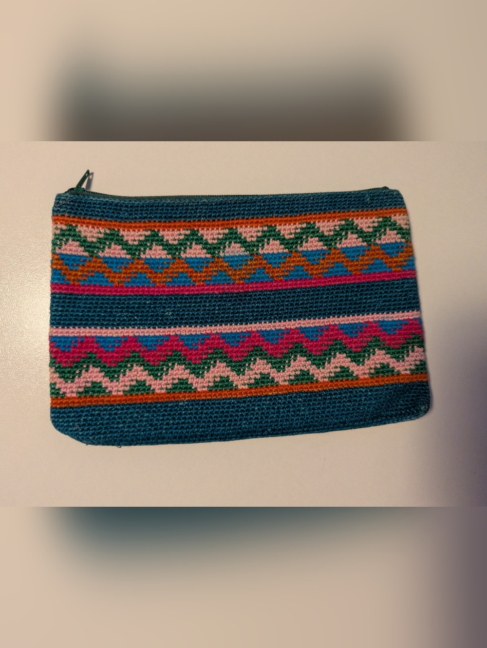 Vintage Boho Hand Crocheted Tapestry Zipper Pouch | Multi-Color Chevron Geometri